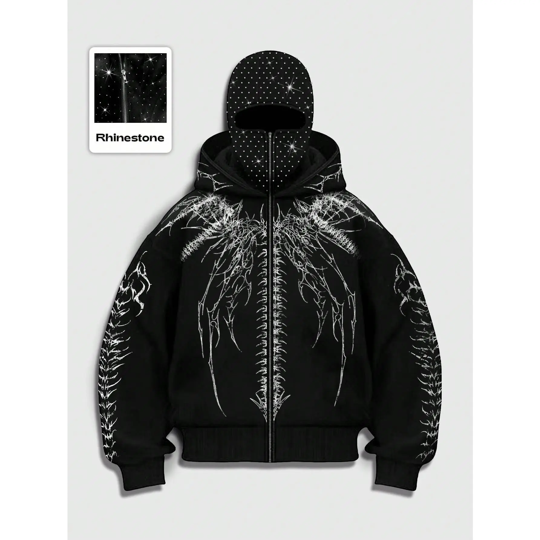 Men's Rhinestone Hoodie, Elegant Streetwear Full Zip-Up Sweatshirt, Casual Fall & Winter Jacket, Tops