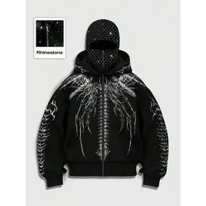 Cool Dark Style Hooded Zipper Sweatshirt Sweatshirt with Rhinestone Embellishment, Men Jacket for Fall Winter