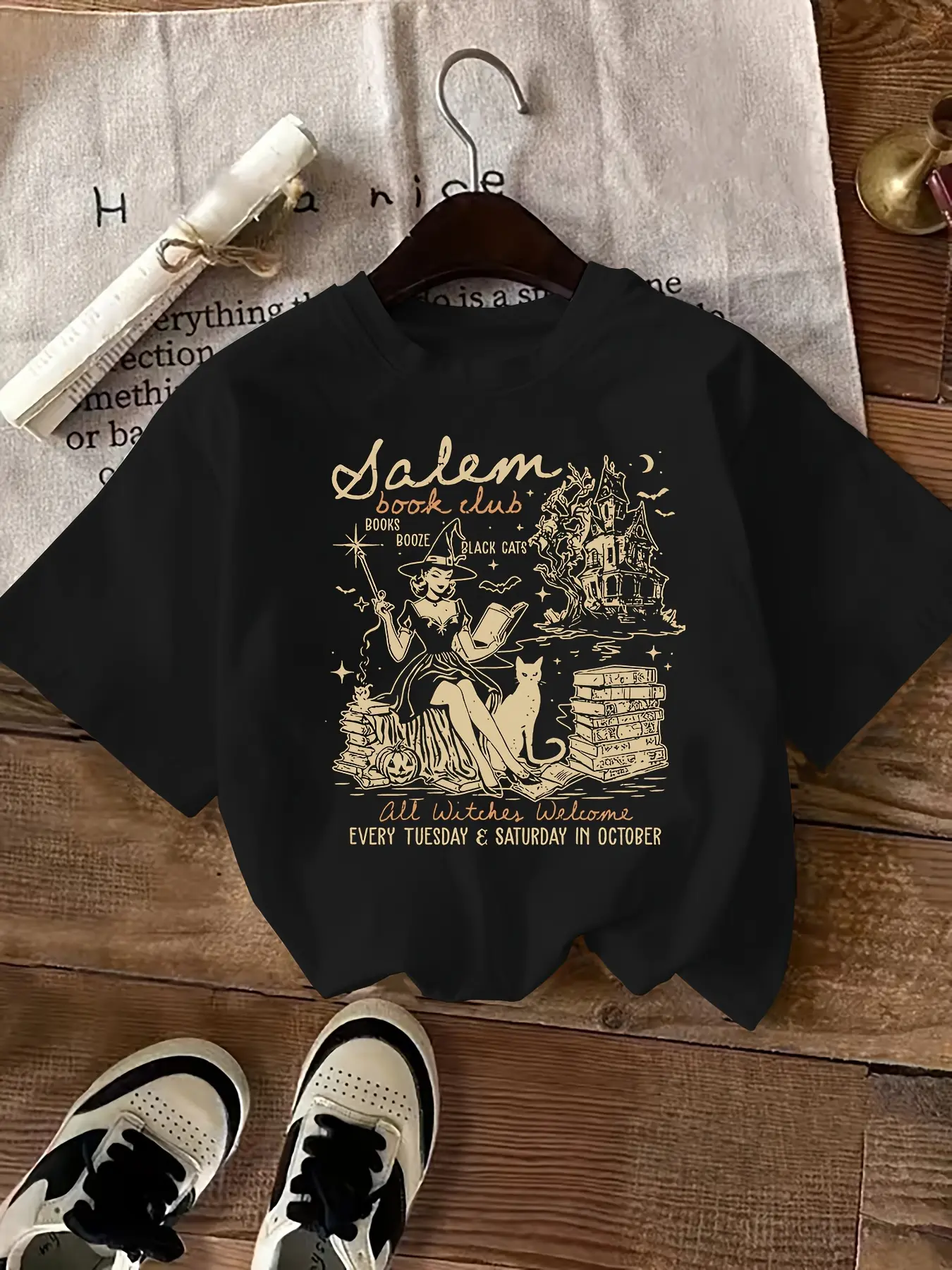 Women’s Cotton Graphic Tee “Salem Book Club” Witch Vintage Print Shirt Halloween Witchcraft Aesthetic Black Cat Books Booze Casual Streetwear Soft Breathable Short Sleeve Crewneck Loose Fit Everyday Wear Gothic Fantasy Fashion Top