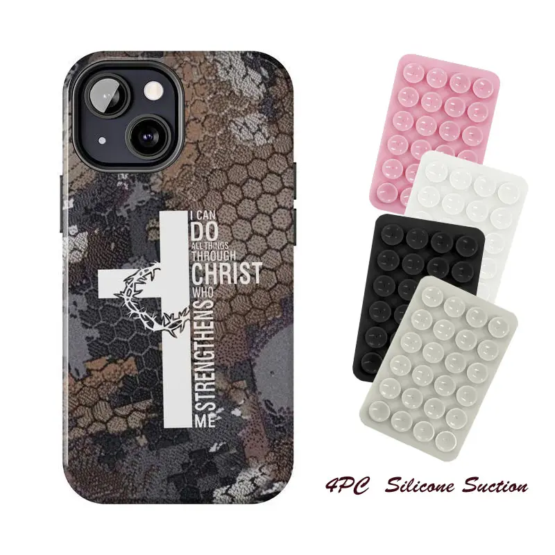 Vintage I Can Do All Things Through Christ Who Strengthens Me Camouflage Phone Case 4PC Silicone Suction Phone Case Mount, For iphone 17 pro case iphone 16 promax 15 14 13 12 & Samsung S25 Ultra, PC & TPU Hybrid Shockproof phone case