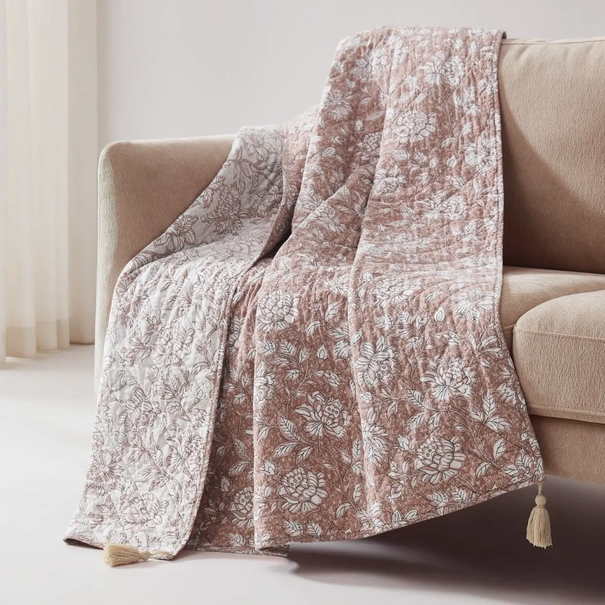 Lush Decor Zara Floral Block Reversible Cotton Throw Blanket 50x60 inches with Flower Block Print for Bed Couch or Chair