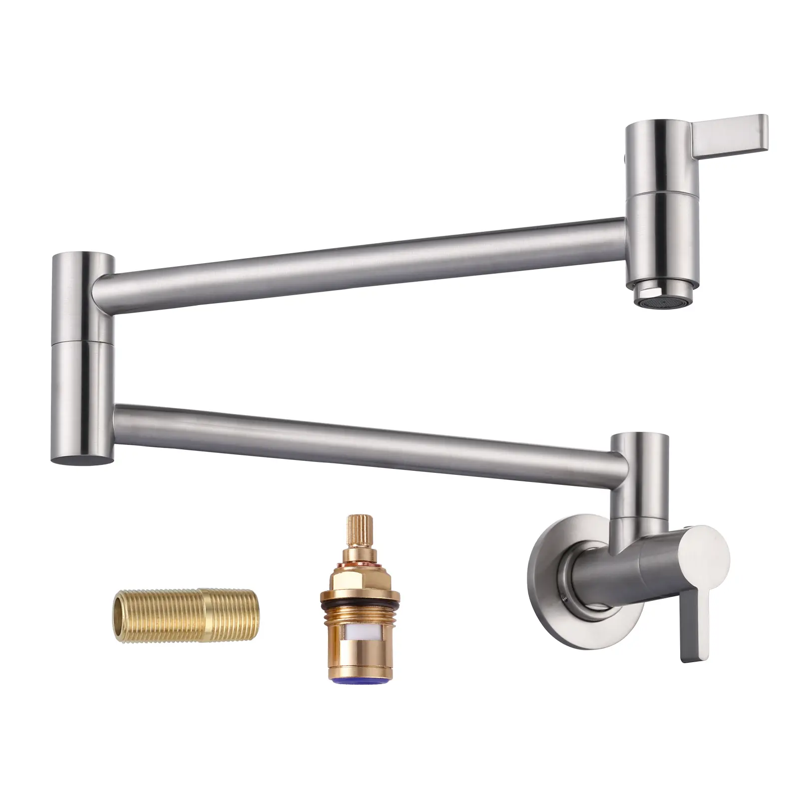 WOWOW Brushed Nickel Wall-Mount Cold Water Pot Filler Faucet, 2-Handle Modern Industrial Kitchen Stove Fixture, 2-Dual Swing Arm (23.6 Inch) Folding Design, Solid Brass Construction, 1/2 NPT Threads, Aerator Equipped Durable Tap, 23.6 Inch Swing Arm
