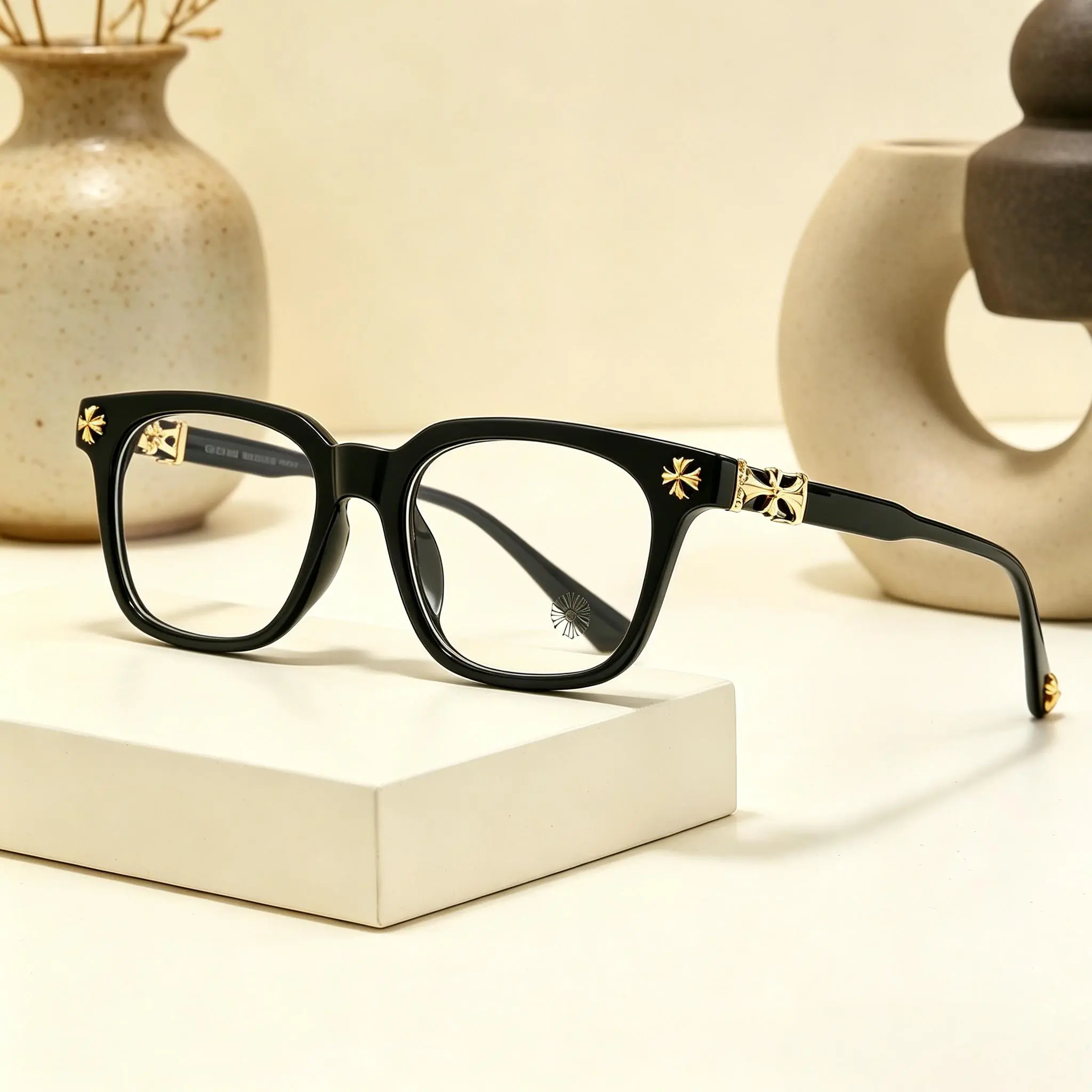 Chrome Hearts Square Eyeglass Frames for Men & Women, Luxury Black Gold Cross Detail Optical Glasses