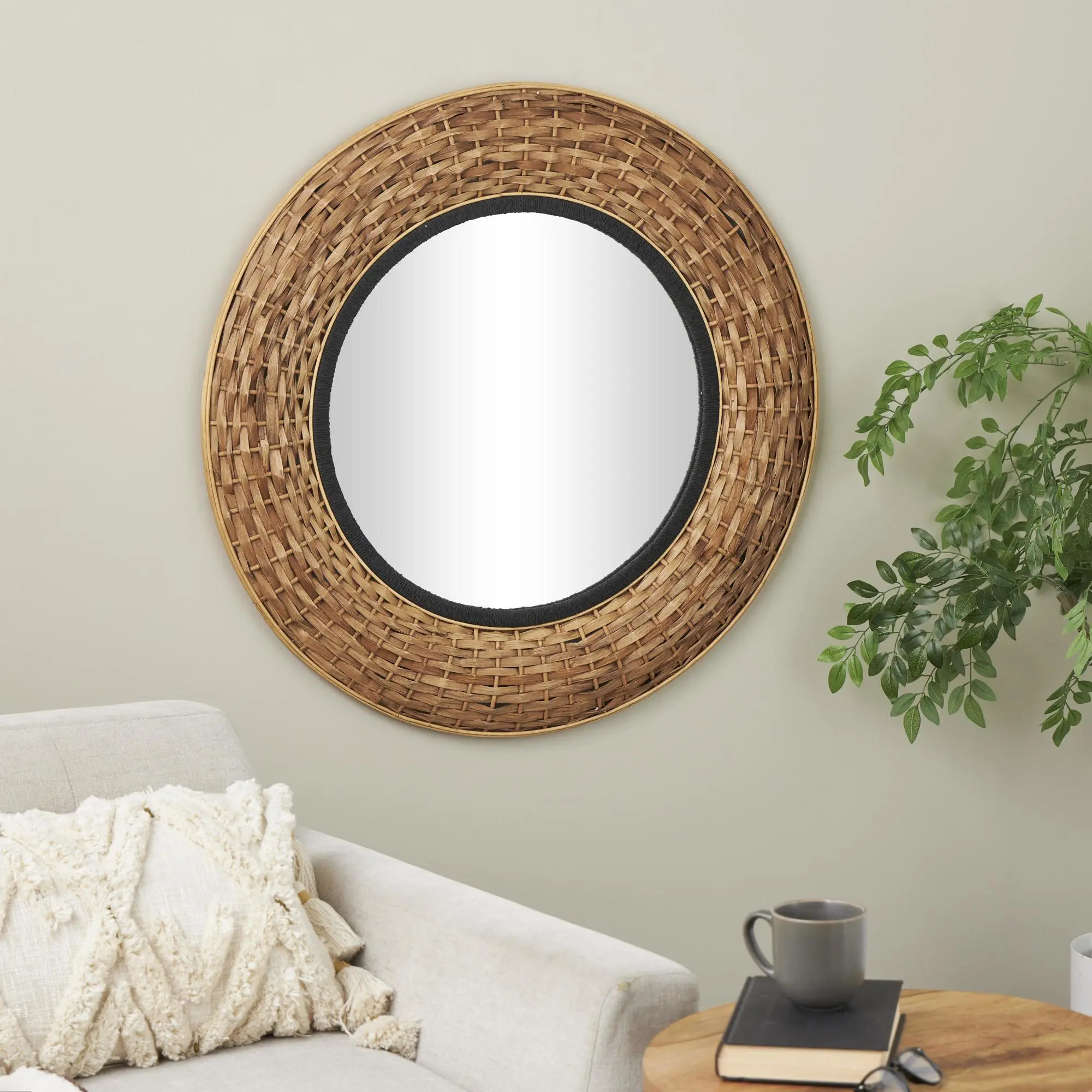 Handmade Tribal Brown Seagrass Room Wall Mirror with Black Inner Frame, Bamboo-Rattan Accents, Iron Hardware, MDF Backing for Home Decor, Entryway