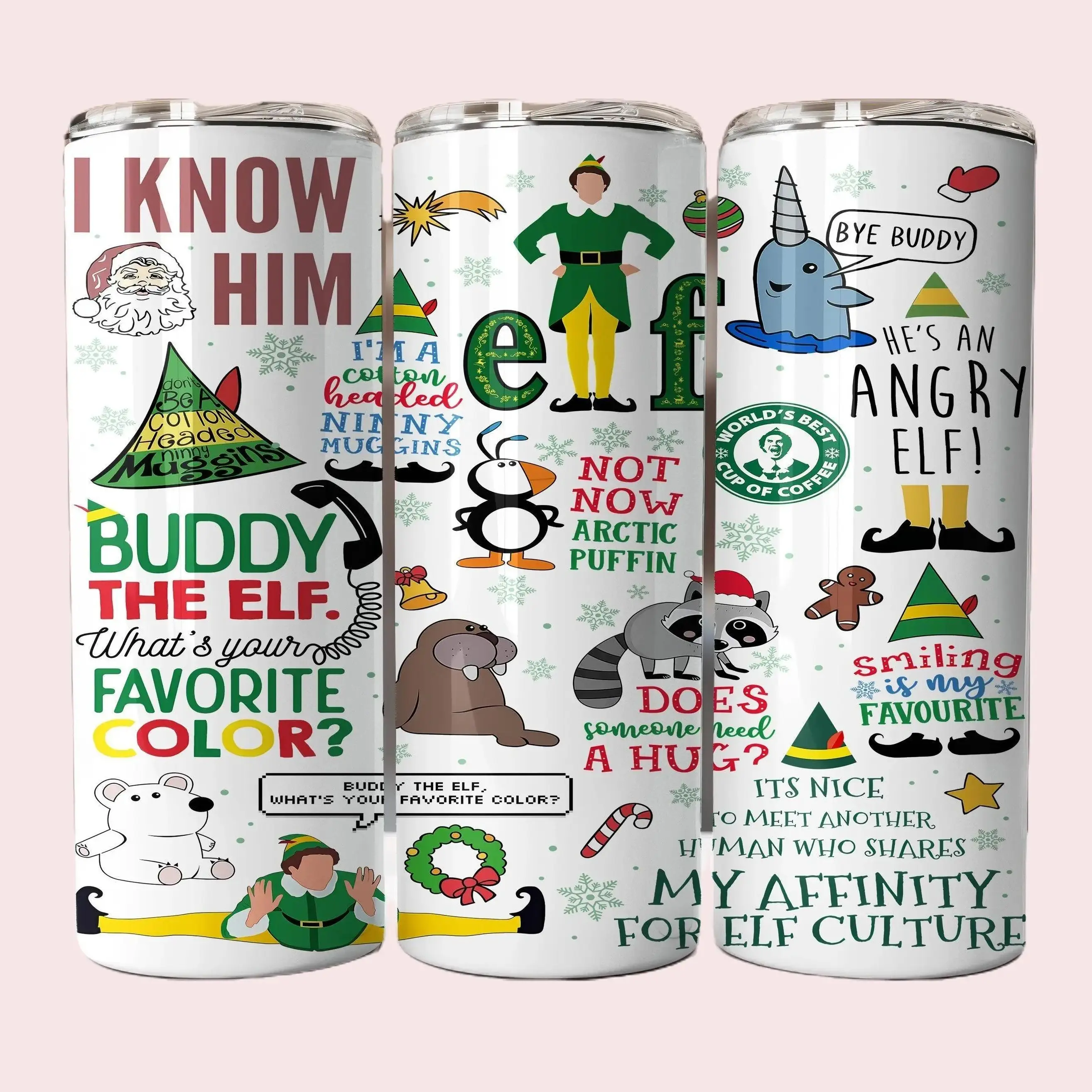 20 oz Skinny Stainless Steel Double Wall Insulated Vacuum Flask - Printed Christmas Elf Sayings Metal Water Bottle with Lid, Reusable Portable for Indoor Kitchenware Use