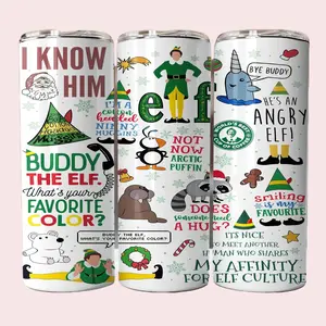 Christmas Xmas ELF Sayings Bottle Drinkware Stainless Steel Straw 20 oz Skinny Tumbler