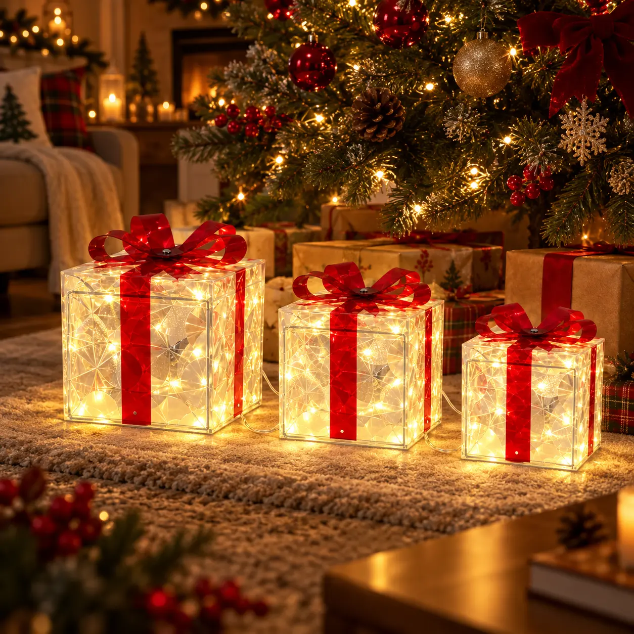 Umeuc 3-Piece Christmas Illuminated Acrylic Gift Box Set - USB Warm Lighting Decorative Lights, Transparent Indoor Display Boxes, Festive Party Decor for Living Room, New Year Photo Ambiance Gifts, Three-Piece Gift Box Set With Warm Lighting