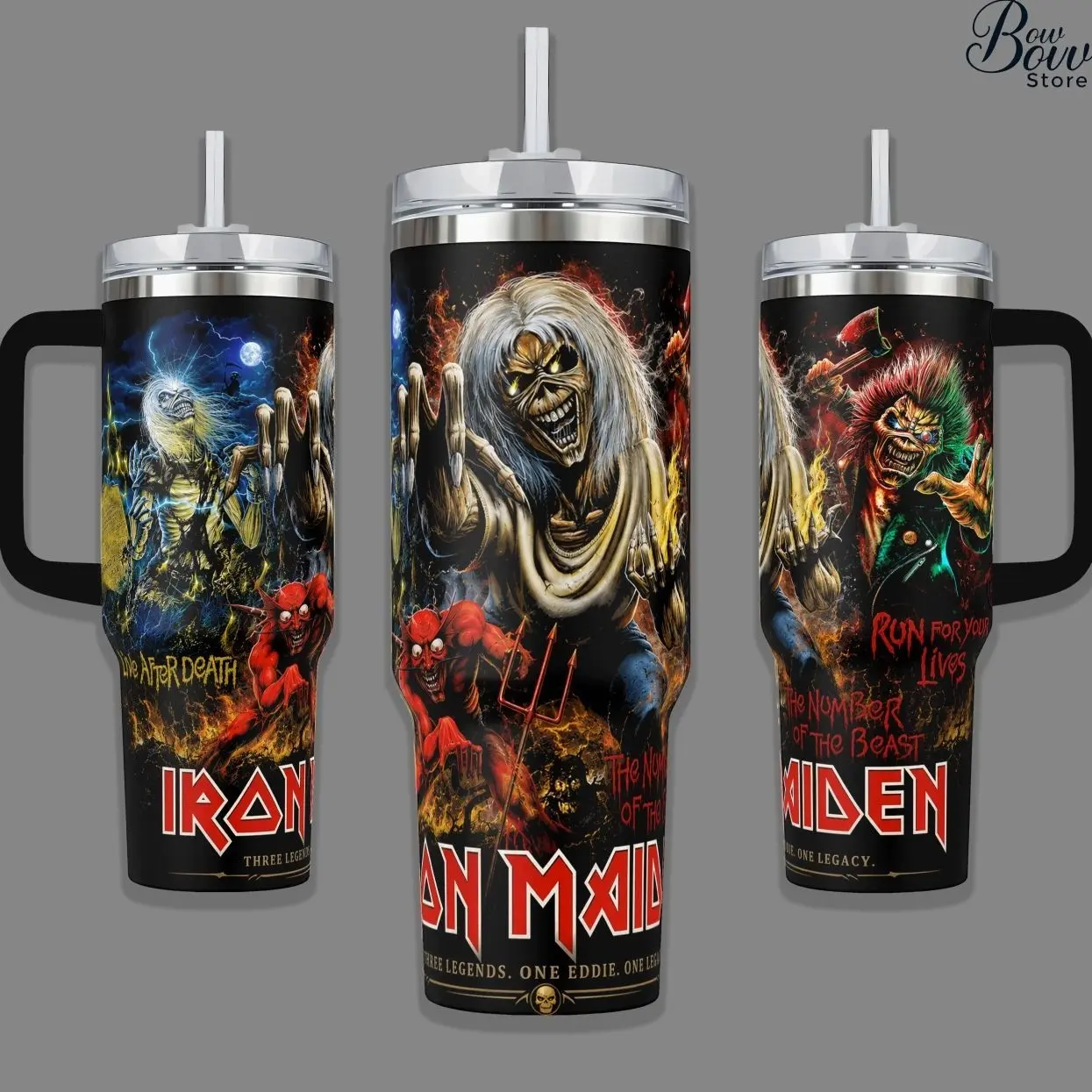 Iron Maiden Three Legends One Eddie 40oz Tumbler | Number of the Beast Live After Death Run For Your Lives Metal Fan Gift Insulated Cup With Handle & Straw