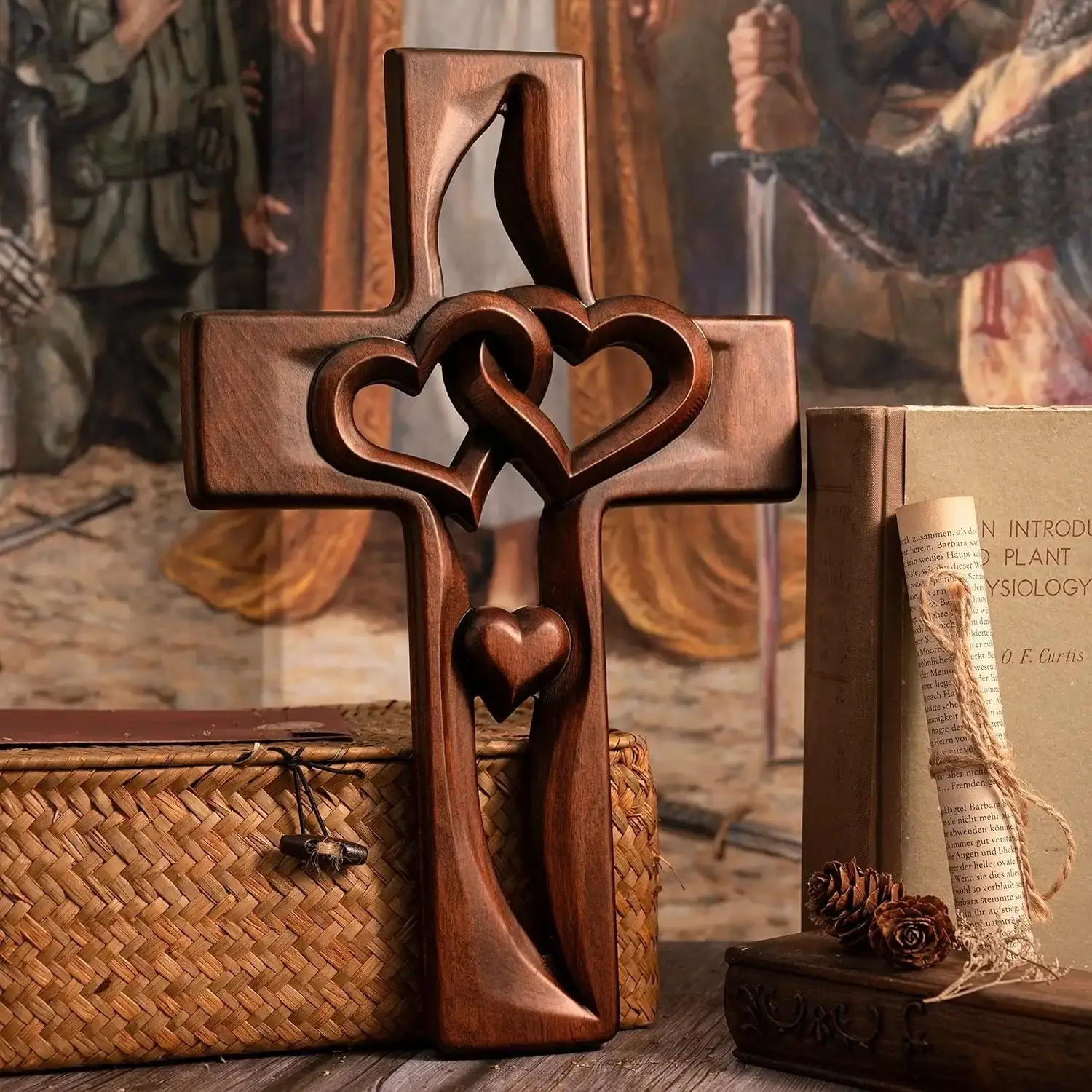Handcrafted Wooden Intertwined Heart-Shaped Wall Cross, Elegant Religious Home Decoration, Stylish Home Supply, Wooden Cross