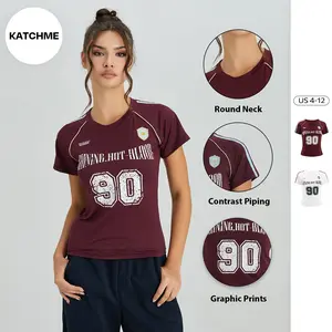 KatchMe Women's Street Color Matching Letter Print Short Sleeve Loose Top, Basic Minimalist Round Neck Top for Lady, Casual Hip Hop Graphic T-Shirt