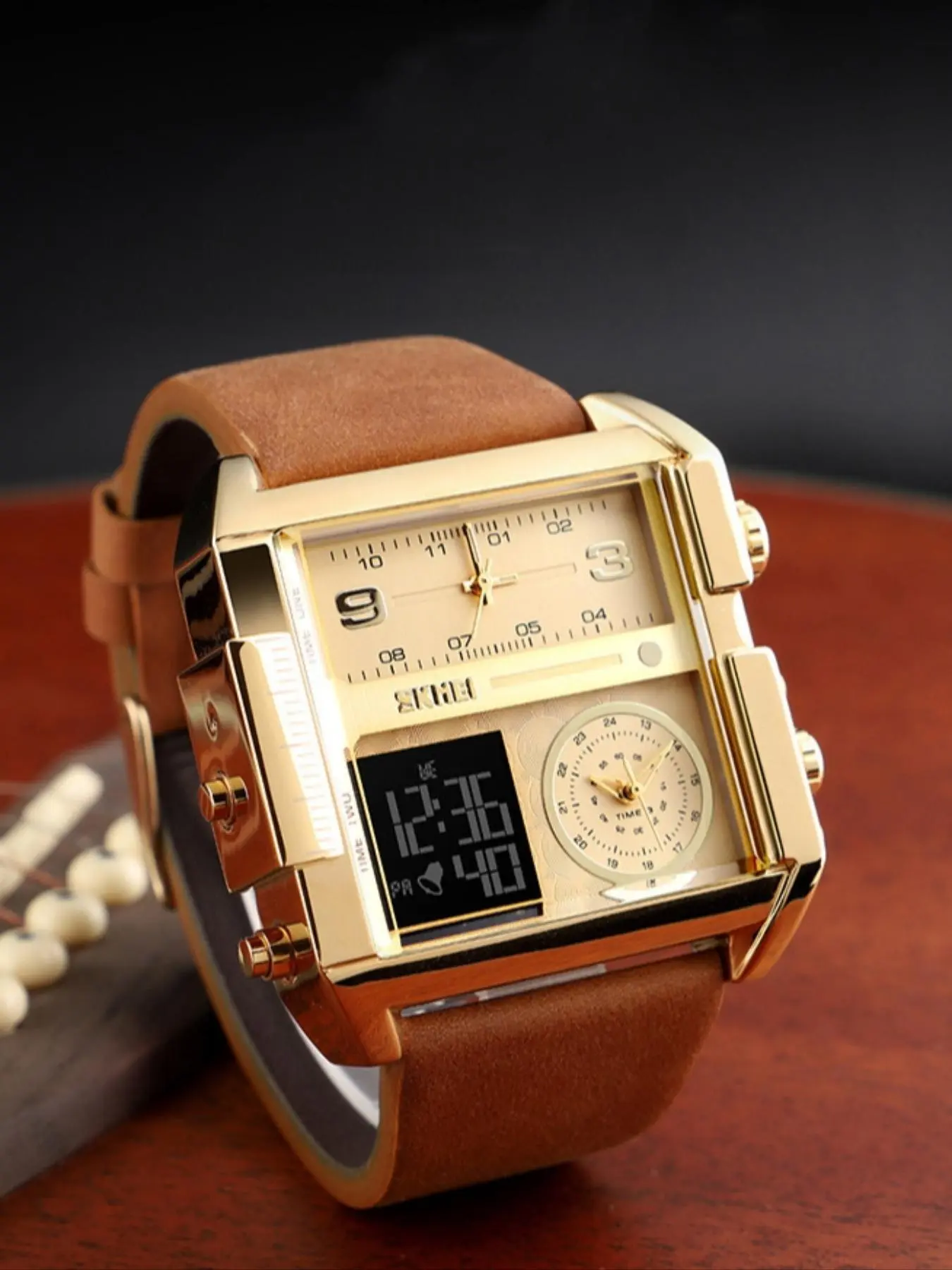 Men's Casual Fashion Square-Dial Digital-Analog Quartz Watch, Versatile Daily Outfit Accessory, Trendy Multifunctional Watch, Fashionable Wristwatch with Gift Box, Exquisite Watch Gift for Birthday
