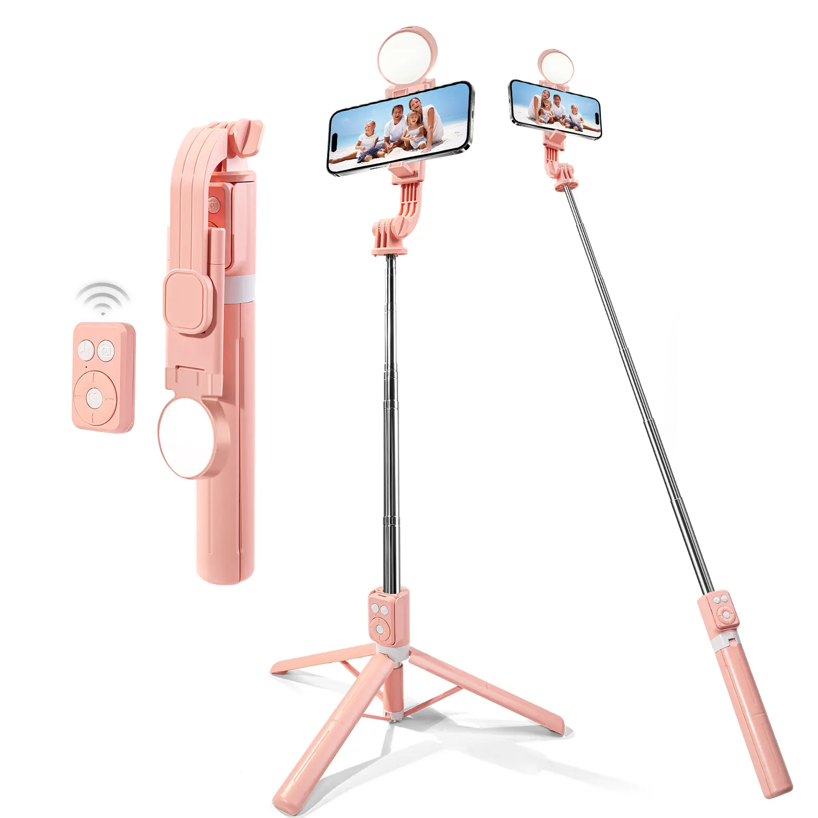 Selfie Stick Tripod with Fill Light & Wireless Remote, Extendable Phone Stand for iPhone/Samsung, Compact Lightweight Travel Tripod with Flexible Holder