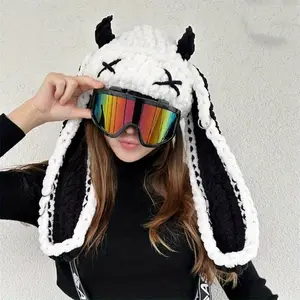 Women'S Crochet Bunny Beanie Hat with Devil Horns & Bunny Ears - Lightweight Stretchy Winter Cap, & Crochet Texture, Soft Warm Beanie for Halloween, Halloween Costume,plush warm hat  Cosplay Lovers Embroidery Knit Beanie Hat gorras para hombres