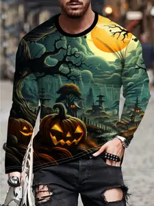 Men's Halloween Long Sleeve Shirt, Flashing Eyes Scarecrow Pumpkin Pattern, Adult Horror Party Clothing, Fall Halloween Set
