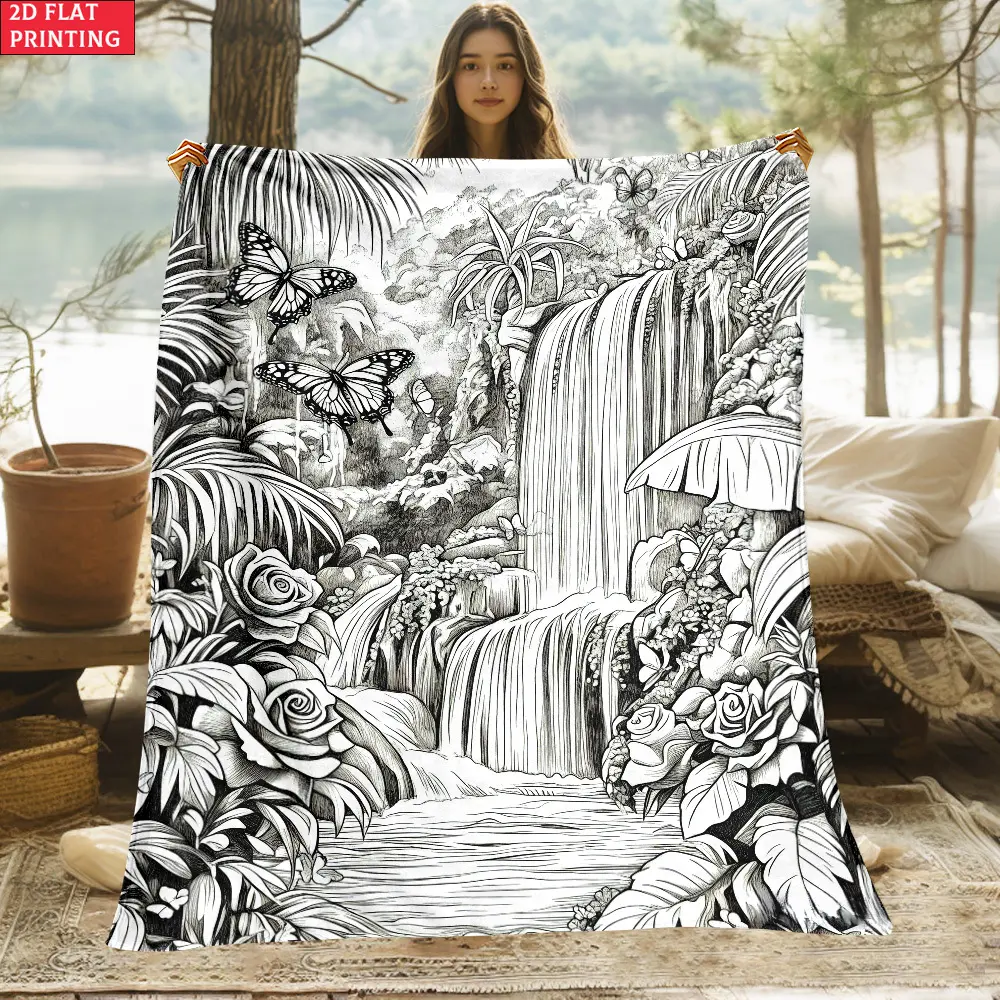 Waterfall Garden Coloring Book-Style Soft Flannel Throw Blanket, Black & White Tropical Flower Butterfly Nature Print, Cozy Gift for Art Lovers, Peaceful Botanical Room Decor for Bed Couch