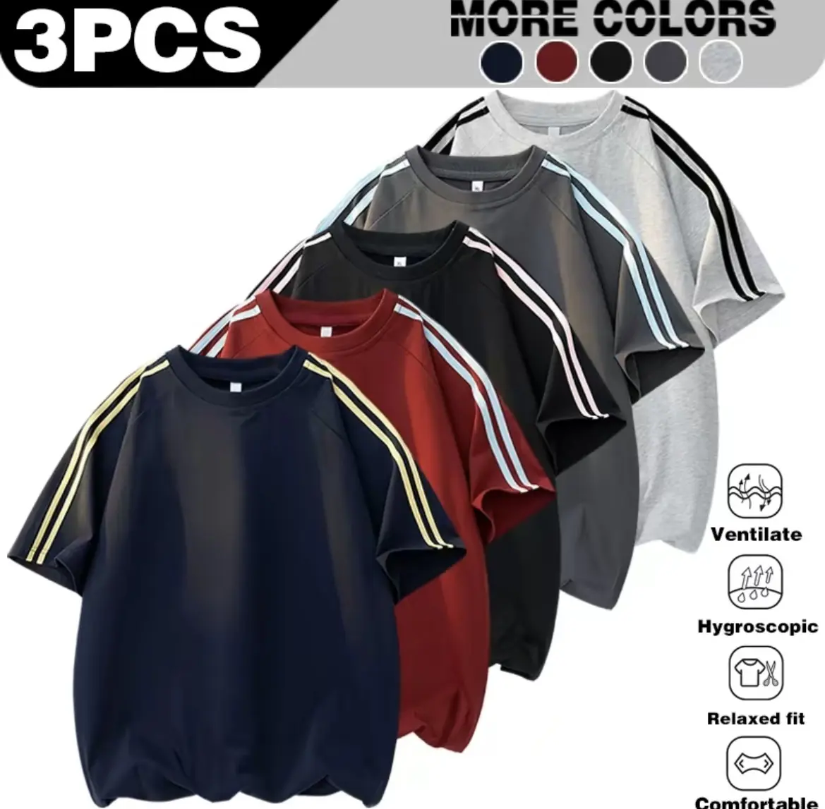 Men’s Casual Summer Short-Sleeve T-Shirt - Round Neck, Double Bars, Color Contrast, Retro Drop-Shoulder, Loose Casual Fit, Soft Skin-Friendly, Classic Streetwear Top, Foldable, Shortsleeve, Tshirt
