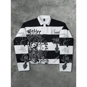 Men Retro Virgin Mary Striped Letter Graphic Print Street Style Pullover Sweatshirt, Fall