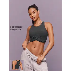 GLOWMODE FeatherFit™ Twist And Flow Soft Stretchy Sweat-Wicking Removable Cups Racerback Twist-Front Cropped Tank Top Top Low-Impact Yoga Pilates Barre Gym Studio Daily Casual Wear