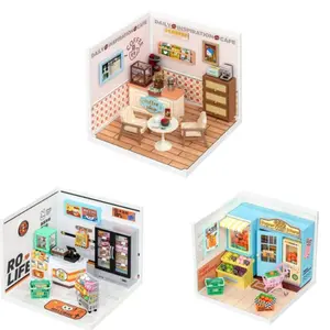 Robotime Rolife Super Creator Daily Plastic DIY Miniature House Cafe Energy Supply Store Building Block Sets English Version DW001B/DW002/DW003
