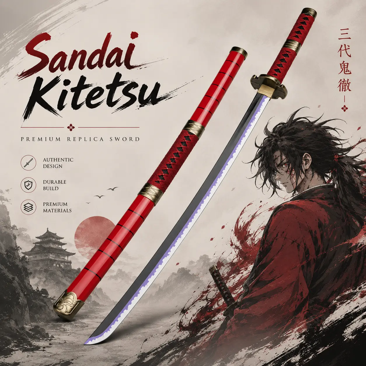 1 Piece Zoro Sandai Kitetsu Replica Katana Toy Sword - Bright Red Scabbard, Serrated Blade - Anime Cosplay Collectible for Shooting Display, 12+ Years, 1 Size, Boy Gifts, Teenage Boy Gifts, Anime Fans
