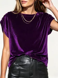 Women's Luxury Velvet Casual Top, Short Sleeve Round Neck, Lightweight Luxe Style, Perfect for All Occasions, Comfortable and Stylish