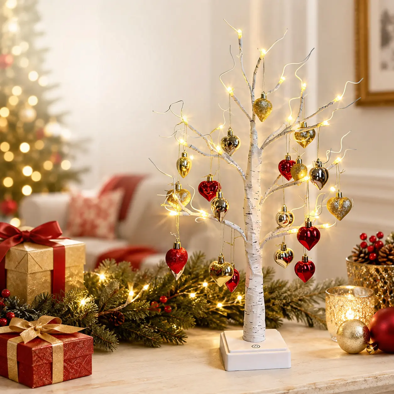 Set of 1 decorative glowing birch tree light, featuring 18 heart-shaped accents (assorted), perfect for DIY decoration. Suitable for indoor and outdoor use, creating a festive atmosphere for Christmas and Valentine's Day (batteries not included)