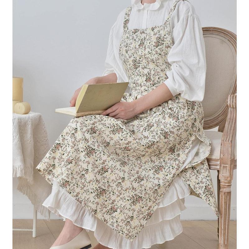 Women's Floral Cotton Waterproof Adjustable Kitchen Apron with Pockets, Vintage Pinafore for Cooking Baking, Washable Craft Gardening Apron