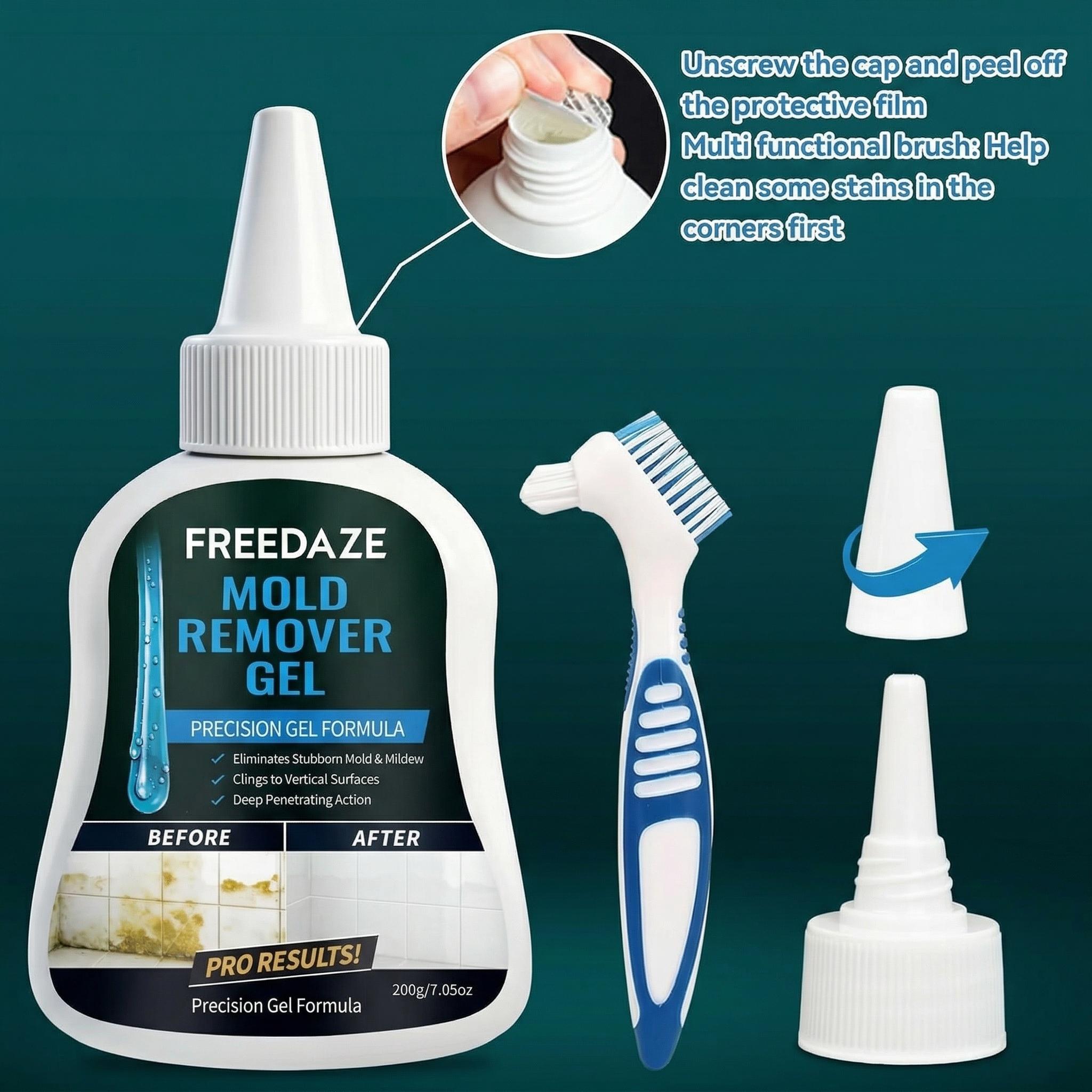 FREEDAZE Mold Stain Cleaning Gel with Brush, Precision Nozzle for Tile Grout, Bathroom Seals, Sink Edges & Front Load Washer Seals-7 Fl Oz