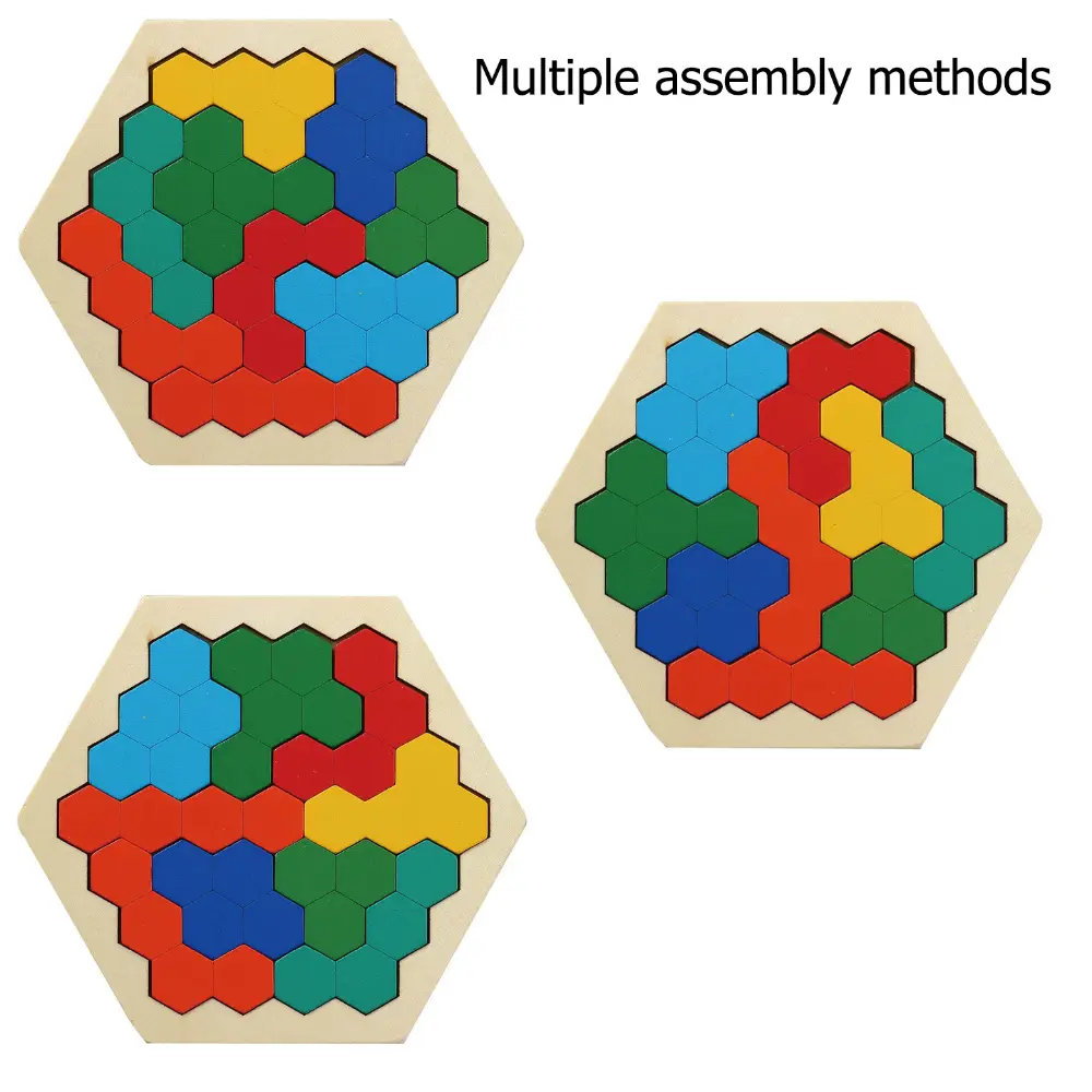 Unisex Solid Wood Hexagon Tangram Puzzle Blocks - Montessori Educational Toy, Colorful Logic Brain Teaser, Spatial Training Quiet Travel Fidget Gift for Toddlers 3+
