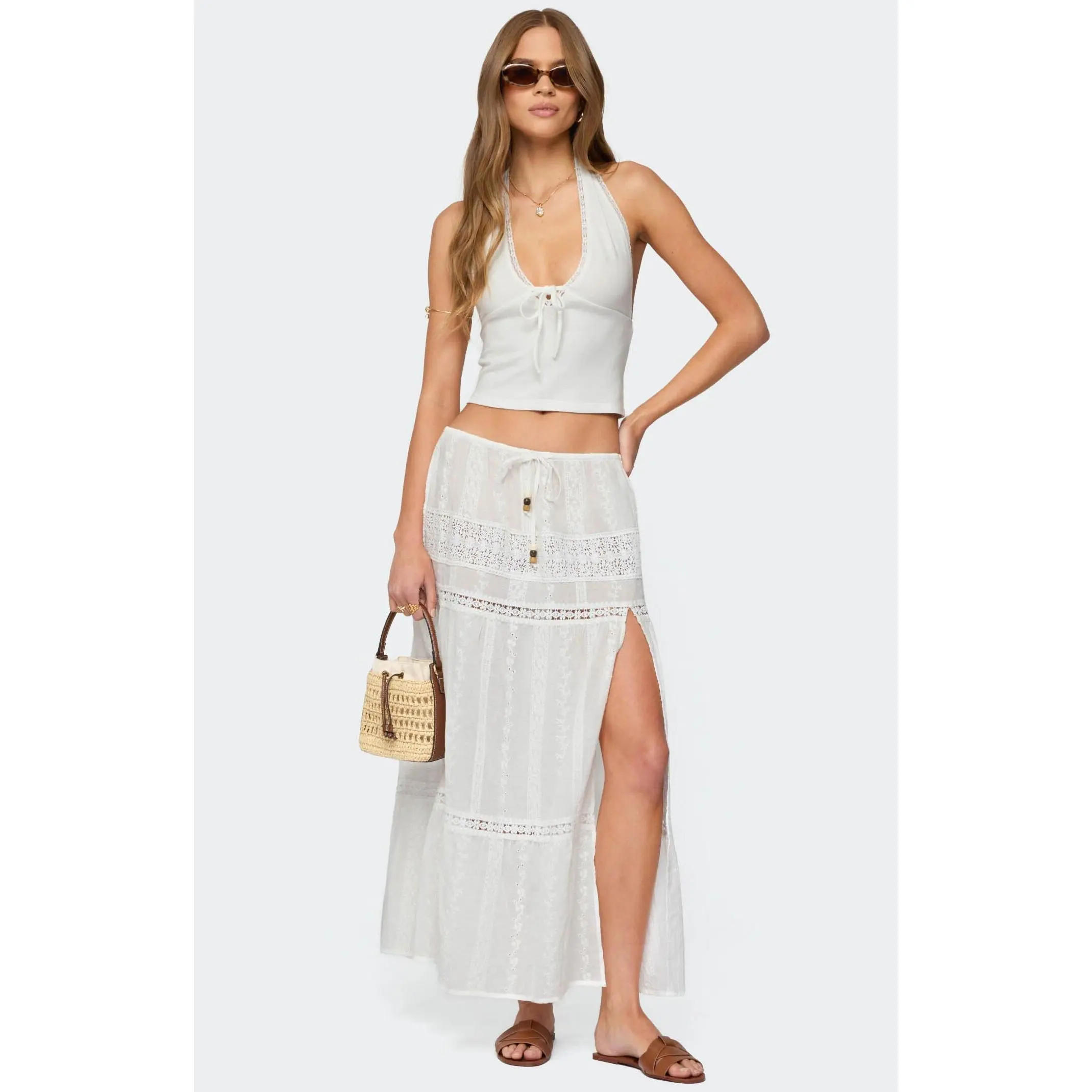 Edikted Women's Embroidered Cotton Lace Slit Maxi Skirt - Multicolor