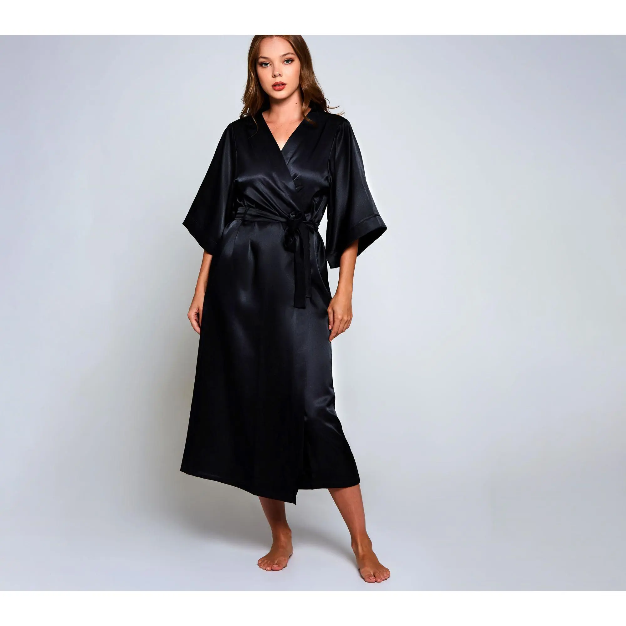 iCollection Satin Glossy Long Robe in Onyx Black iCollection Satin Glossy Long Robe in Onyx Black