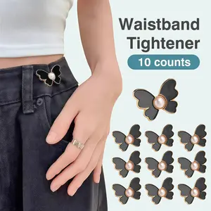 10 seamless waistband adjusters, waistband leggings for loose jeans, butterfly pearl embellished jeans waistband buckle, reusable detachable pants waist reduction clip,