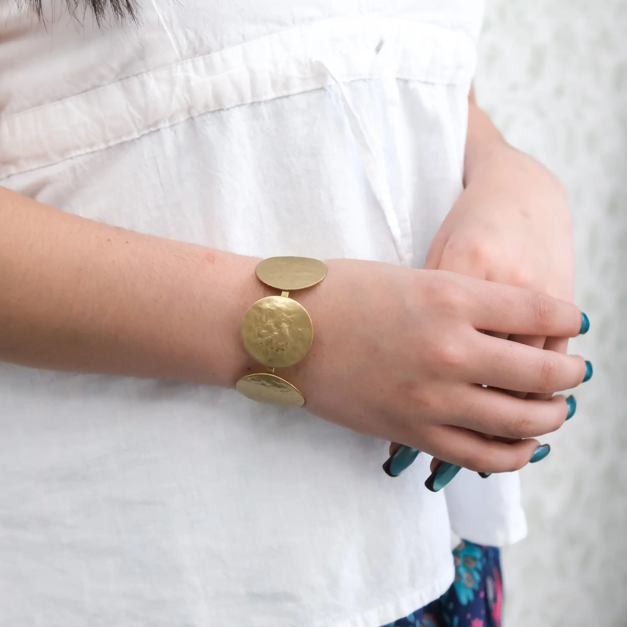 Gold Disc Cuff Bracelet, Hammered Boho Bracelet, Adjustable Statement Jewelry, Minimalist Festival Cuff Gift