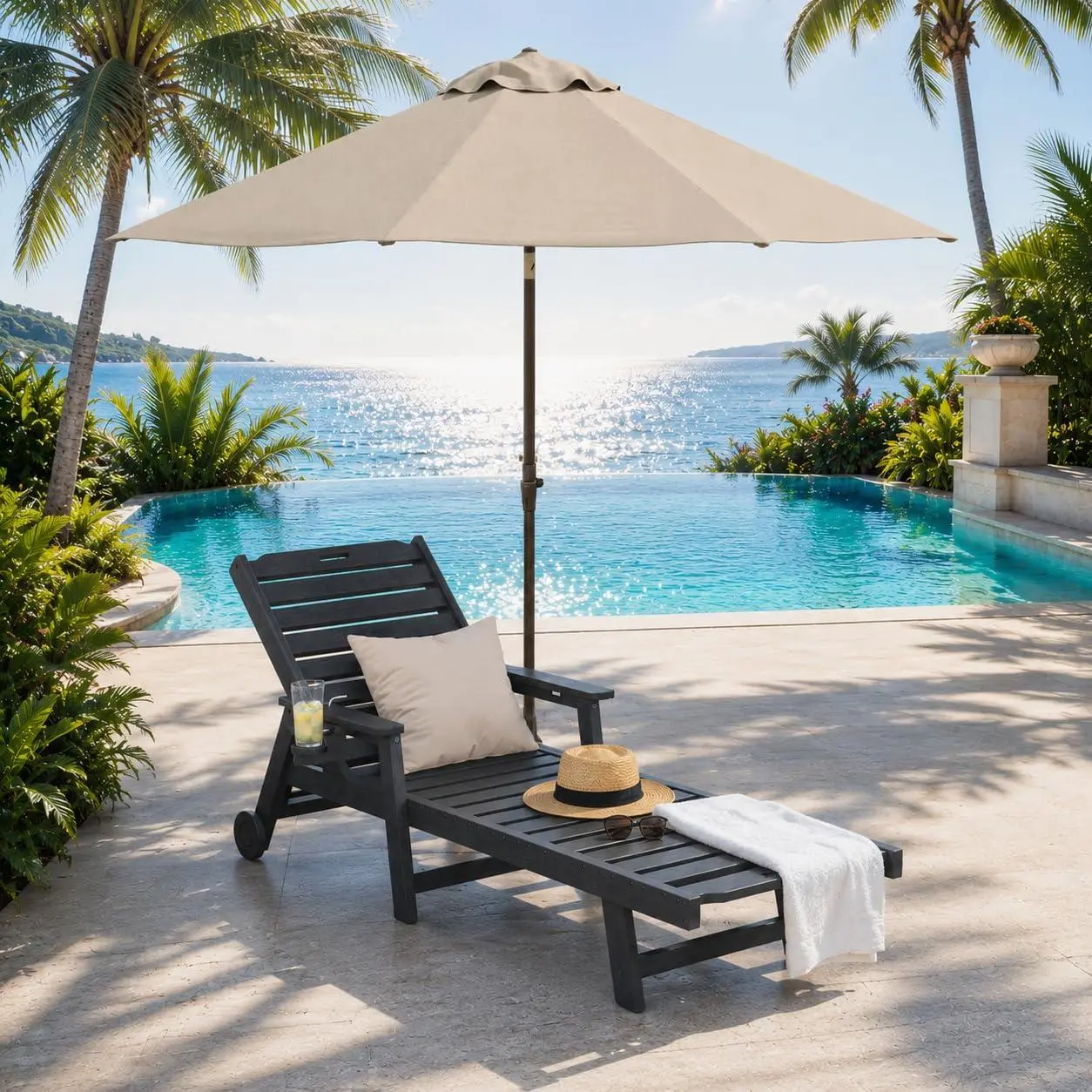 Single Person HDPE Plastic Outdoor Chaise Lounge Chair - 5-Level Reclined Seat, Wheels, Cup Holder - Patio Lounger for Deck, Poolside, Dark Gray