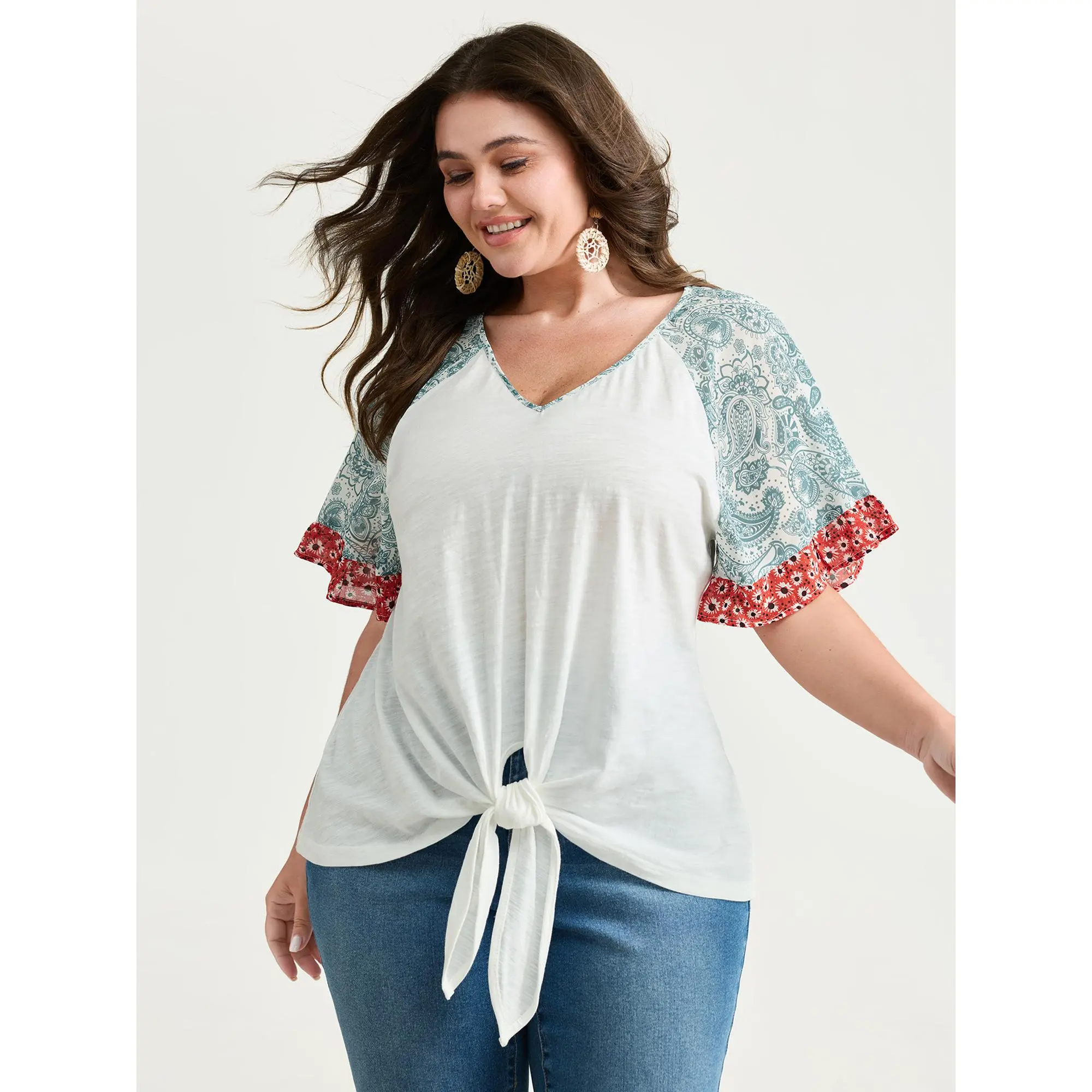 BloomChic Women's Plus Size Pure Cotton Short-Sleeve T-Shirt Blouse - M-6X, Floral Sleeve Knot, Breathable Fabric, Casual Plus Size Tops, 2026 Summerfinds, Shortsleeve  Boho Fashion Top Womenswear,Summerfinds,summero,back to school,back to school shopping