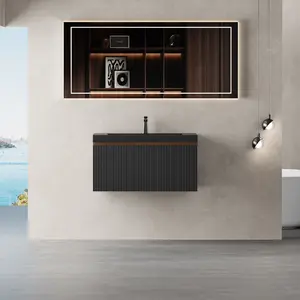 30'' Floating Bathroom Vanity with Sink Combo, Modern Wall-Mounted Striped Bathroom Storage Cabinet with Soft-Close Drawers and Black Quartz Sand Basin, Smoked Walnut 24V16-30WAB