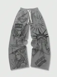 Men's Streetwear Graphic Print Angel Pants, Loose-Fitting Casual Long Trousers, Spring & Fall Fashion, Trendy Individuality Jogger Style