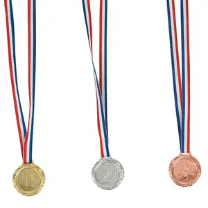 1 1/4" 1st, 2nd & 3rd Place Plastic Award Medals with Striped Ribbon - 12 Pc.