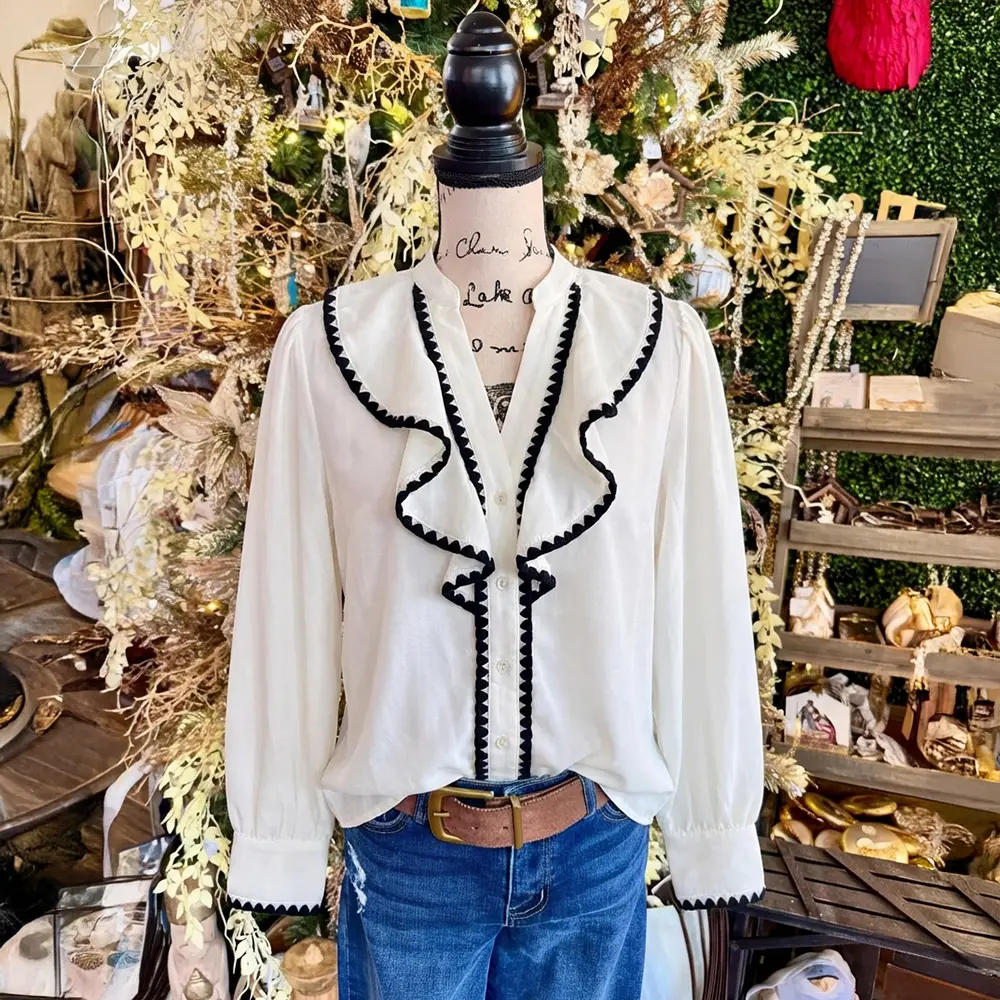 SageVell Vintage 100% Cotton Inspired Ruffled V - Neck Blouse, Puff Sleeve Design, Contrast Trim Detail