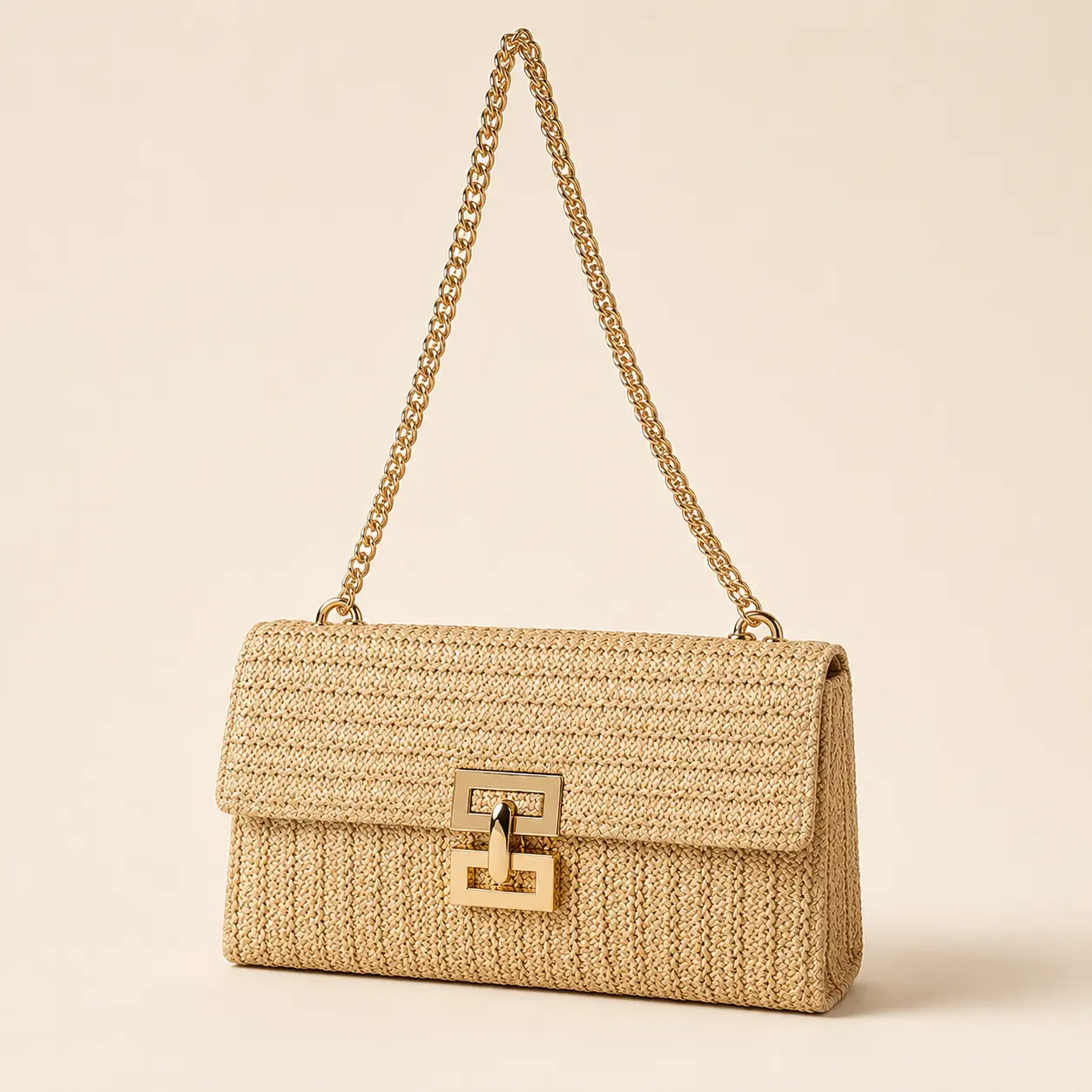 Handwoven Straw Shoulder Bag for Women, a Lightweight Satchel with Flap in Apricot - A Fashionable Bag for an Affordable Fashion Look, Fashionable Bags, Crossbody With Chain