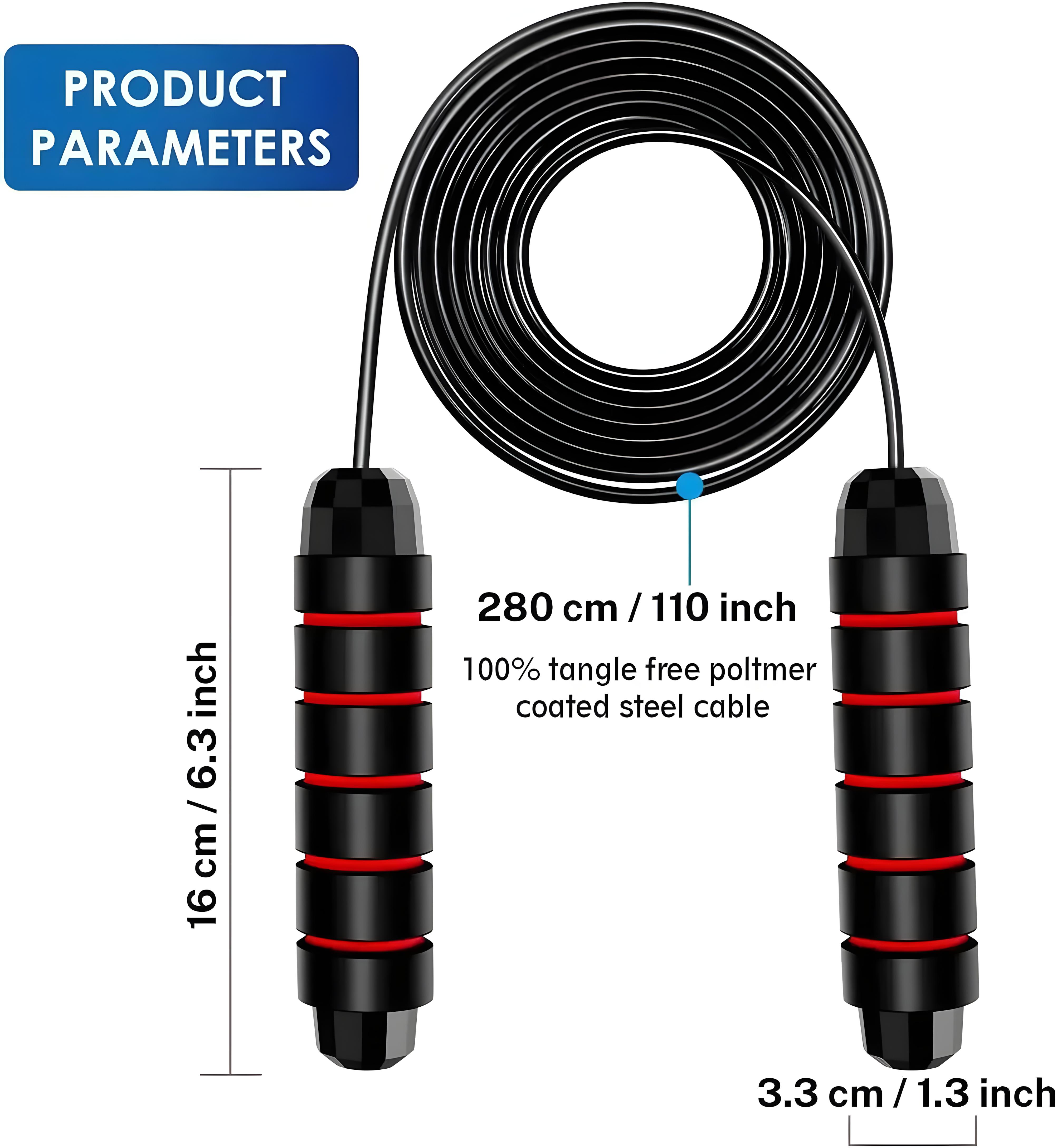 Adjustable Tangle Free Jump Rope with Ball Bearings, Quick Adjust Foam Handle, Portable Home Use Exercise Gear
