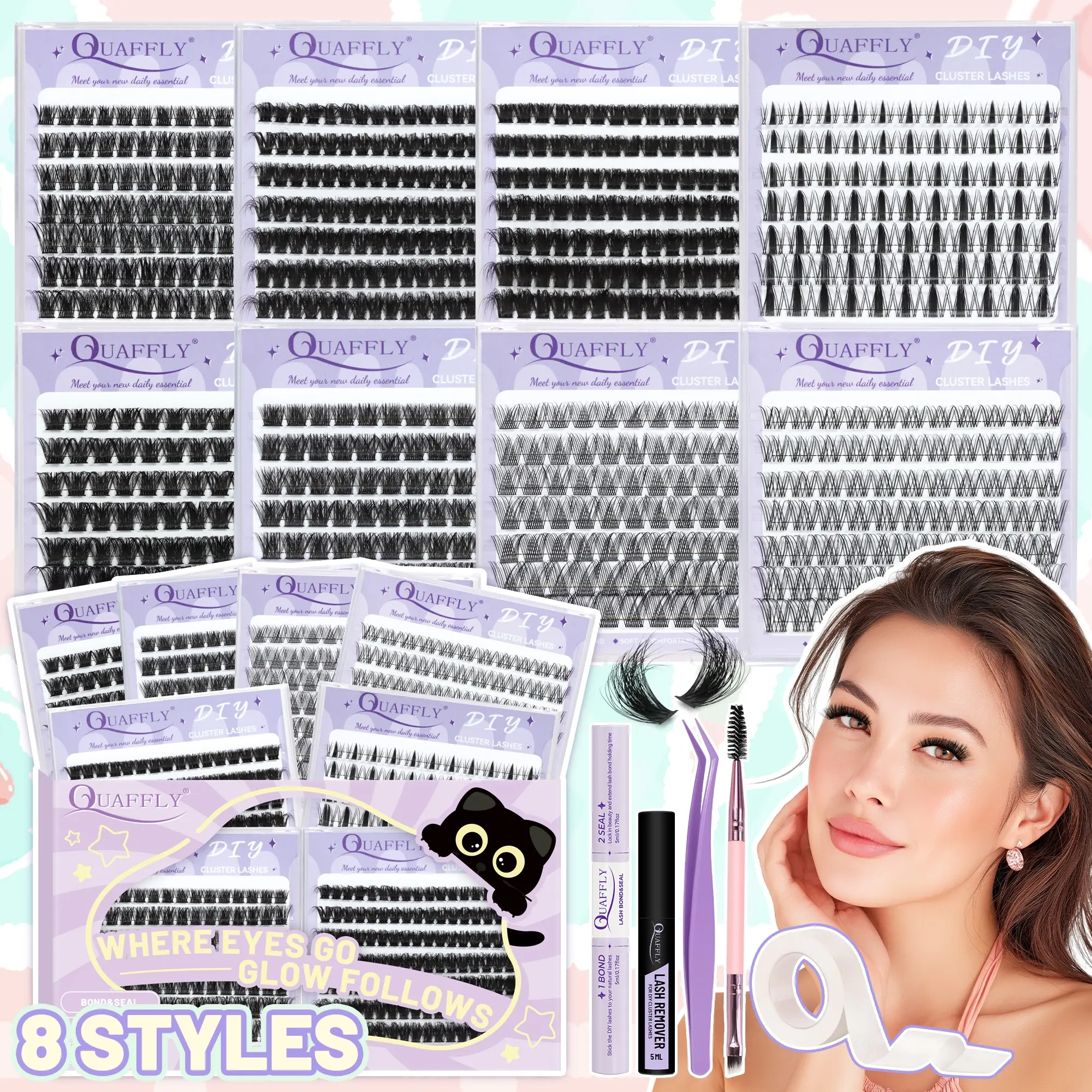 DIY Lash Extension Kit 749 Pcs 8 Styles 10-18mm Manga Lashes Clusters with Lash Bond and Seal Lash Remover Tweezers Dual-Ended Brush Lash Tapes Eyelash Glue For Creating Captivating Eyelashes Eyelash Extensions Set DIY Makeup Cosmetic Beauty Tool