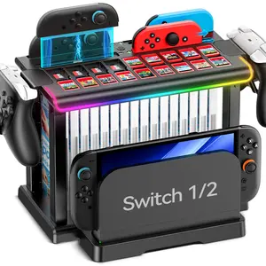 Switch 2/1/OLED RGB Organizer Station with Controller Charging Dock, Switch Storage Stand, Joycon 1/2 Charger, Gaming Accessories Holds TV Dock, 16 Game Cases, 18 Game Cards, and 2 Pro Controllers