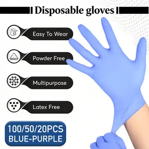 100/50/20 pcs, Purple-Blue Nitrile Gloves - Universal Fit, Touchscreen Compatible, Waterproof, Durable, Household Cleaning Gloves, Multi Purpose Glove. Ideal for Bathrooms, Tattoo Studios, Beauty Salons, Hair Dyeing, Painting, Hotels, Pet Care