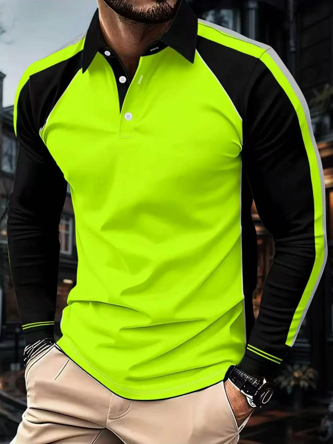 Men's casual Classic 3D printed polo shirt, new fabric, fluorescent green long-sleeved top, soft and breathable fabric, suitable for outdoor and casual wear, new fabric, Casual Golf Polo, Summer Polo Shirts