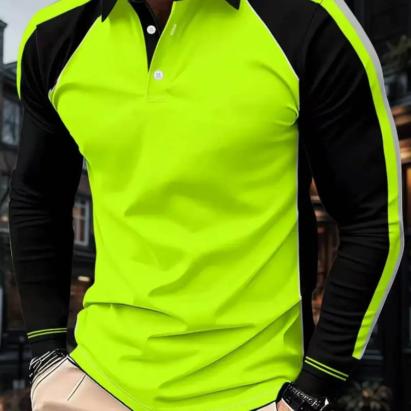 Men's casual Classic 3D printed polo shirt, Buttoned Polo Shirt, new fabric, fluorescent green long-sleeved top, soft and breathable fabric, suitable for outdoor and casual wear, new fabric, Casual Golf Polo