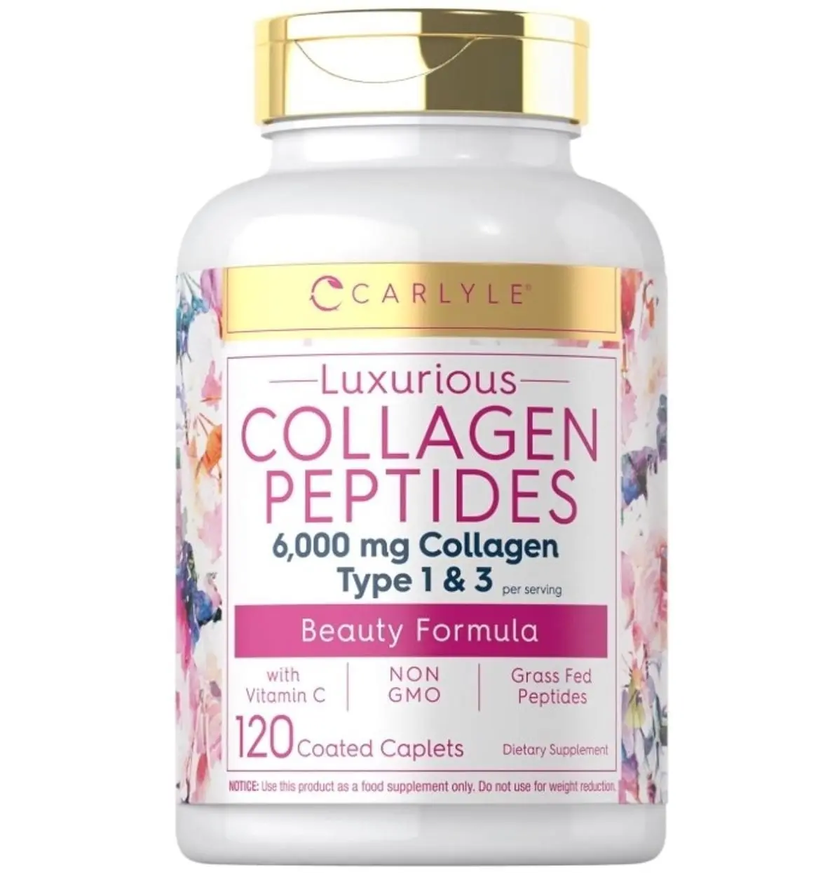 Collagen Peptides with Vitamin C | 6000mg | 120 Caplets | Grass Fed Type II & III | Beauty Formula | Non-GMO, Gluten Free Supplement