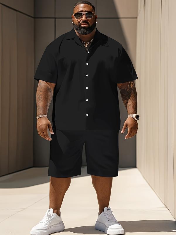 Plus Size Men's Short Sleeve Suit 2pcs Fashion Summer Sportswear Casual Suit with Solid Color Shorts for Comfortable Wear