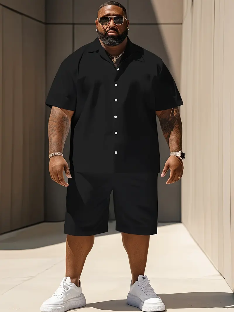 Plus Size Men's Short Sleeve Suit 2pcs Fashion Summer Sportswear Casual Suit with Solid Color Shorts for Comfortable Wear