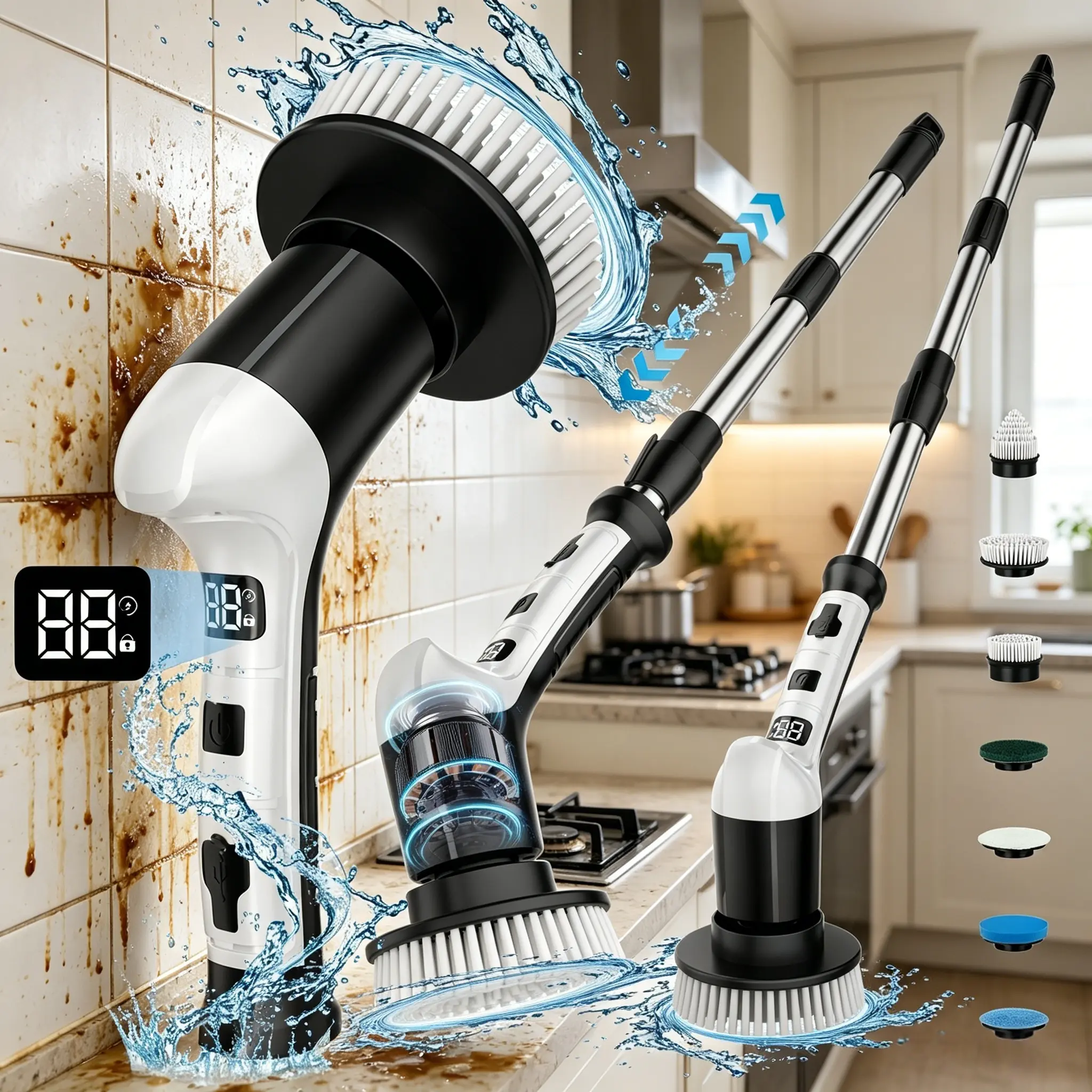 Black LCD Display Electric Surface Cleaner Brush - Durable, 3-Speed Adjustable, Extendable Handle, Replaceable Brush Head, Waterproof, Fast-Charging, 280 RPM, 100 Minutes Runtime, for Bathrooms, Kitchens
